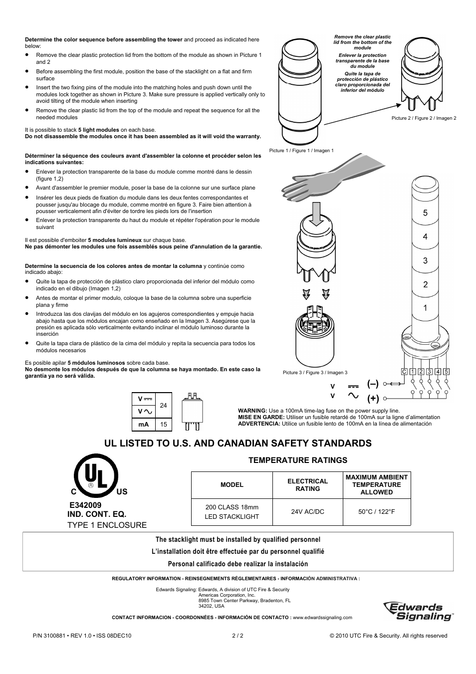 Ul listed to u.s. and canadian safety standards | Edwards Signaling 200 Class 18mm Stackable Beacon User Manual | Page 2 / 2