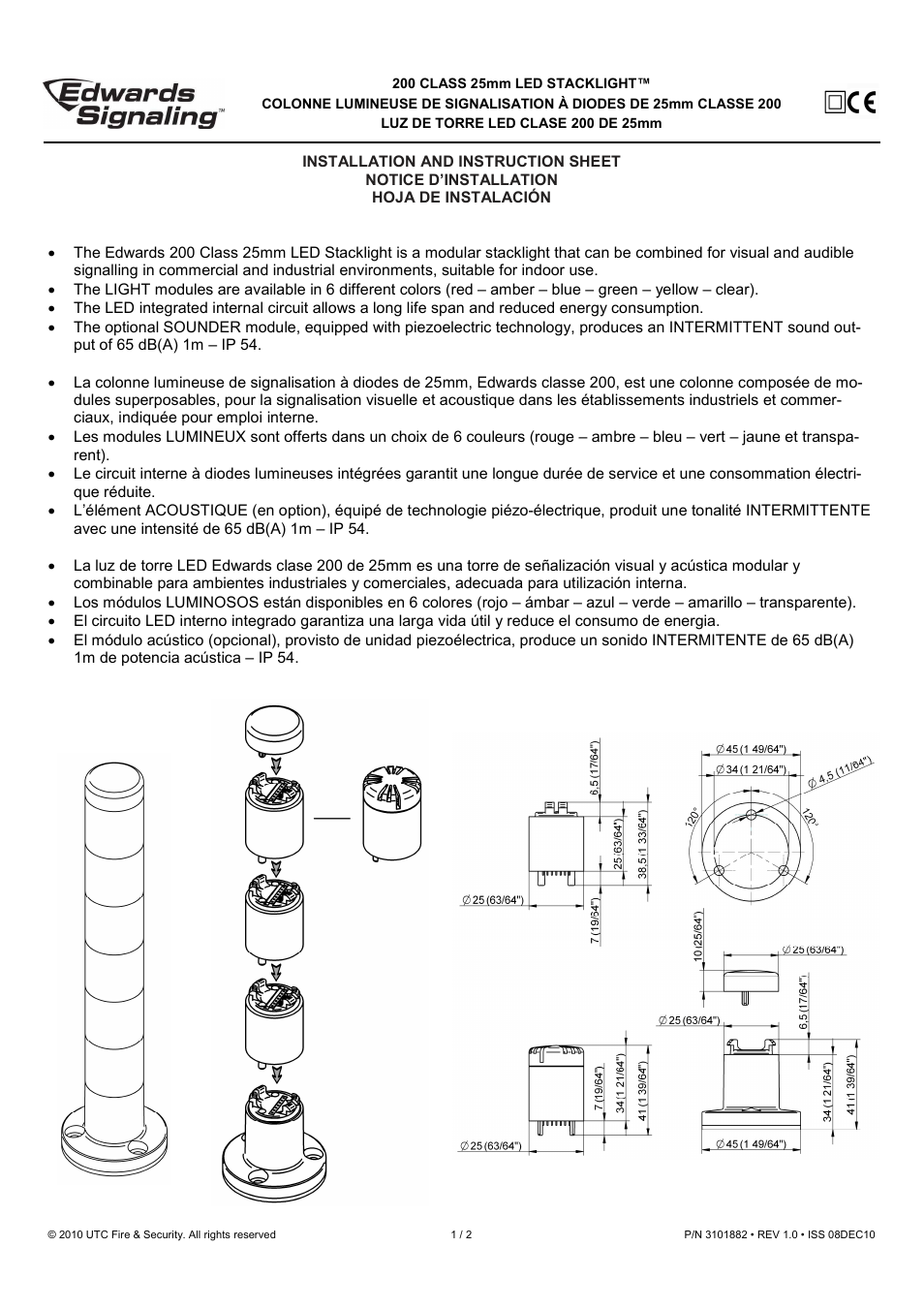 Edwards Signaling 200 Class 25mm Stackable Beacon User Manual | 2 pages