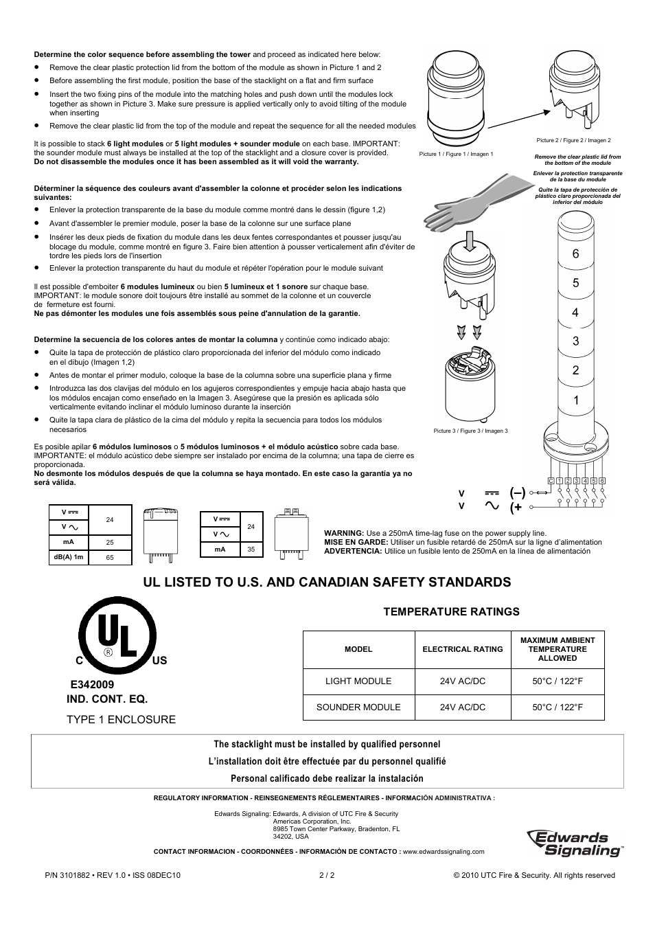 Ul listed to u.s. and canadian safety standards | Edwards Signaling 200 Class 25mm Stackable Beacon User Manual | Page 2 / 2