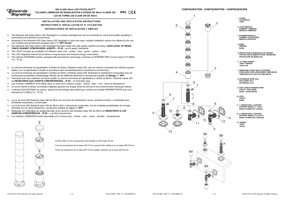 Edwards Signaling 200 Class 36mm stackable Beacon User Manual | 2 pages