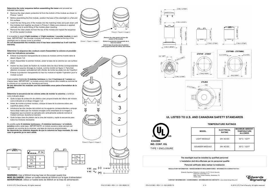 Ul listed to u.s. and canadian safety standards | Edwards Signaling 200 Class 36mm stackable Beacon User Manual | Page 2 / 2