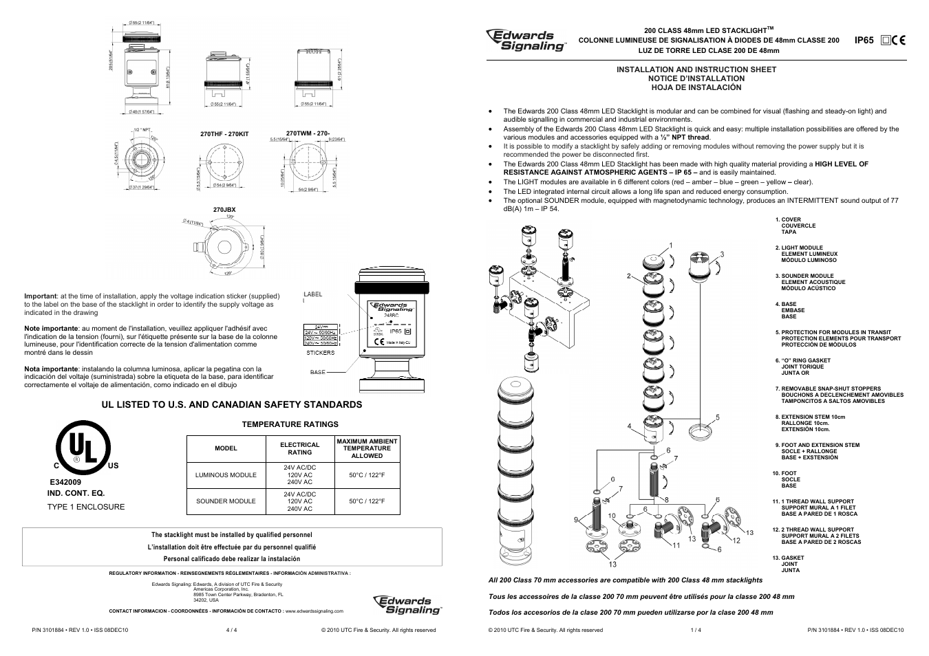 Edwards Signaling 200 Class 48mm Stackable Beacon User Manual | 2 pages