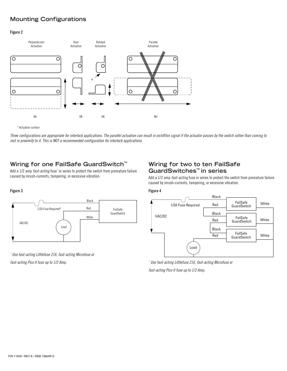 Wiring for two to ten failsafe guardswitches, Mounting configurations, Wiring for one failsafe guardswitch | Edwards Signaling 251-F7 Series User Manual | Page 2 / 4