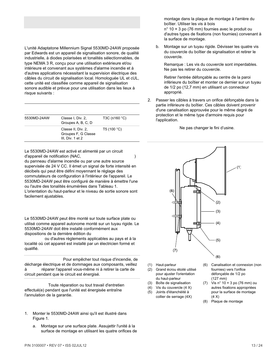 Fr: fiche d’installation, Description, Installation | Edwards Signaling 5530MD-24AW User Manual | Page 13 / 24