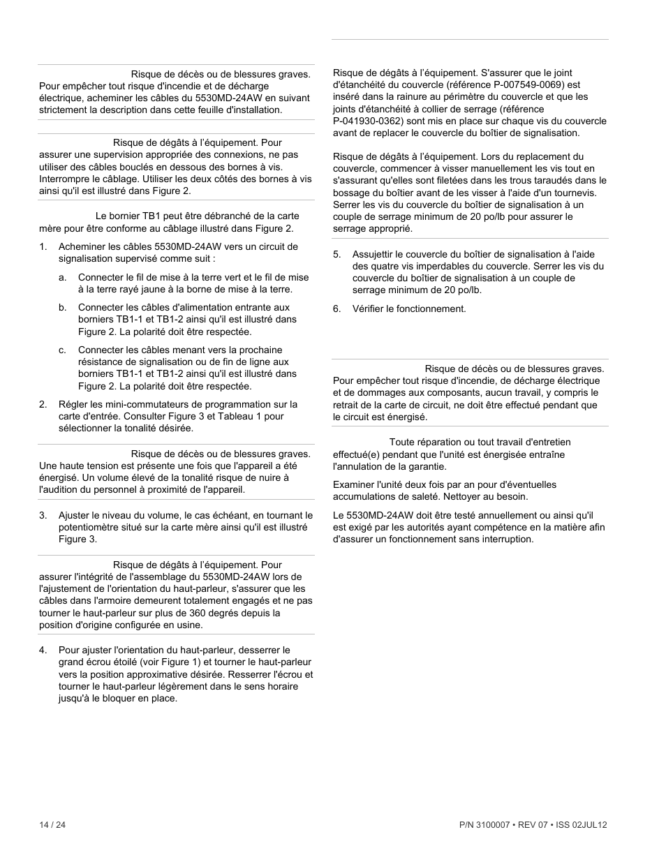 Câblage, Entretien | Edwards Signaling 5530MD-24AW User Manual | Page 14 / 24