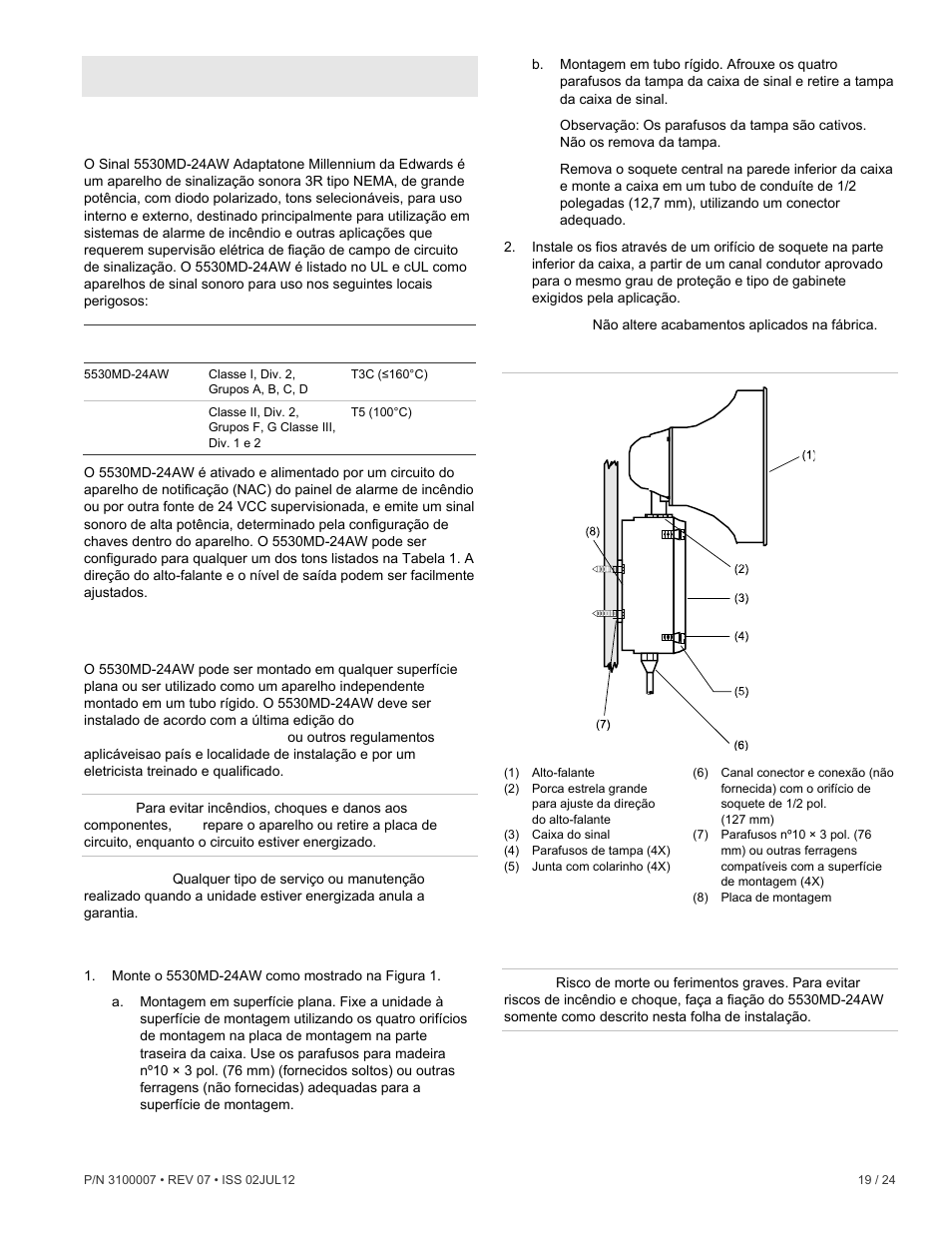 Pt: manual de instalação, Descrição, Instalação | Ligação | Edwards Signaling 5530MD-24AW User Manual | Page 19 / 24