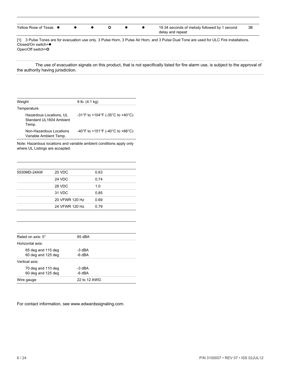 Specifications, Contact information | Edwards Signaling 5530MD-24AW User Manual | Page 6 / 24