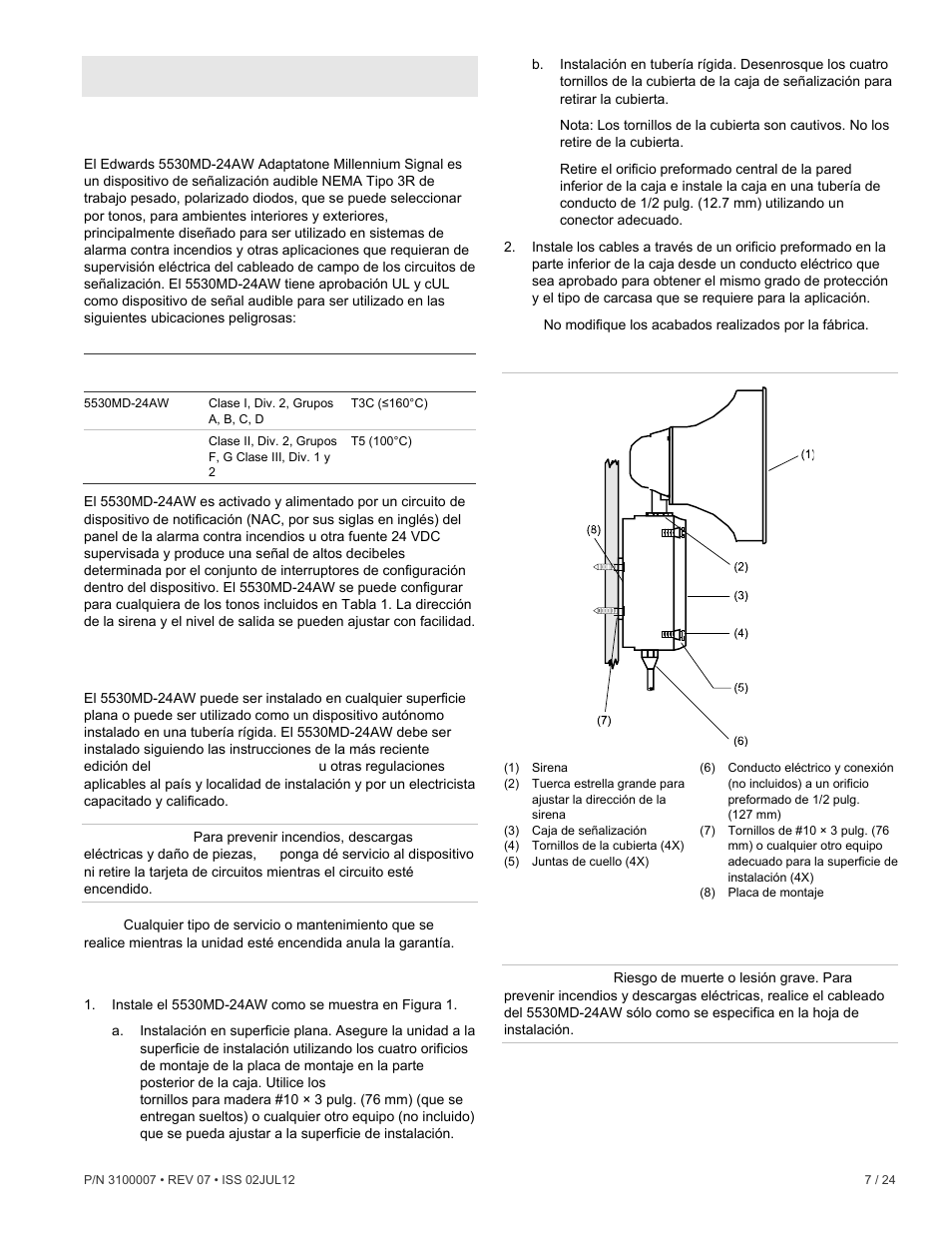 Es: hoja de instalación, Descripción, Instalación | Cableado | Edwards Signaling 5530MD-24AW User Manual | Page 7 / 24