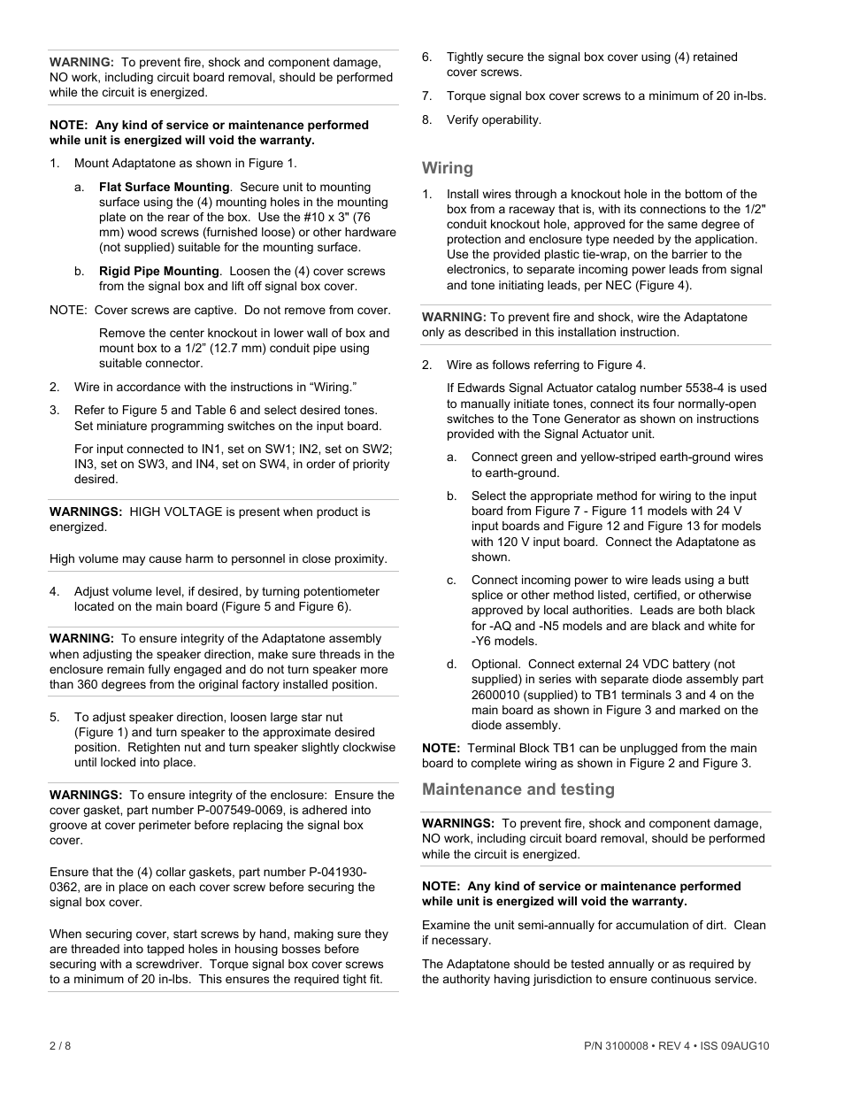 Wiring, Maintenance and testing | Edwards Signaling 5531MHV User Manual | Page 2 / 8