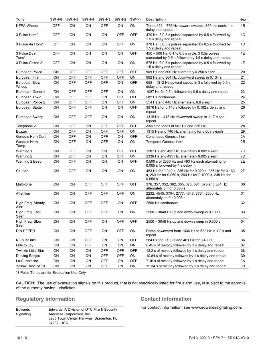 Regulatory information, Contact information | Edwards Signaling 5532M User Manual | Page 10 / 10