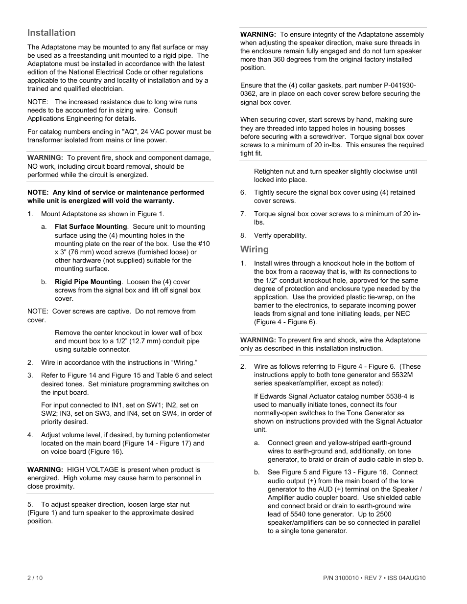 Installation, Wiring | Edwards Signaling 5532M User Manual | Page 2 / 10