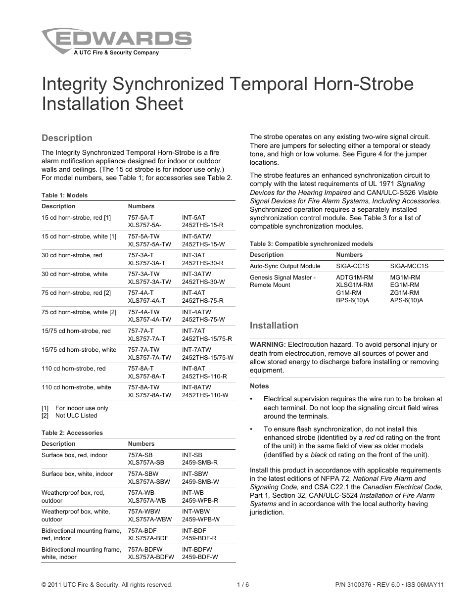 Edwards Signaling Integrity Synchronized Temporal Horn-Strobe User Manual | 6 pages