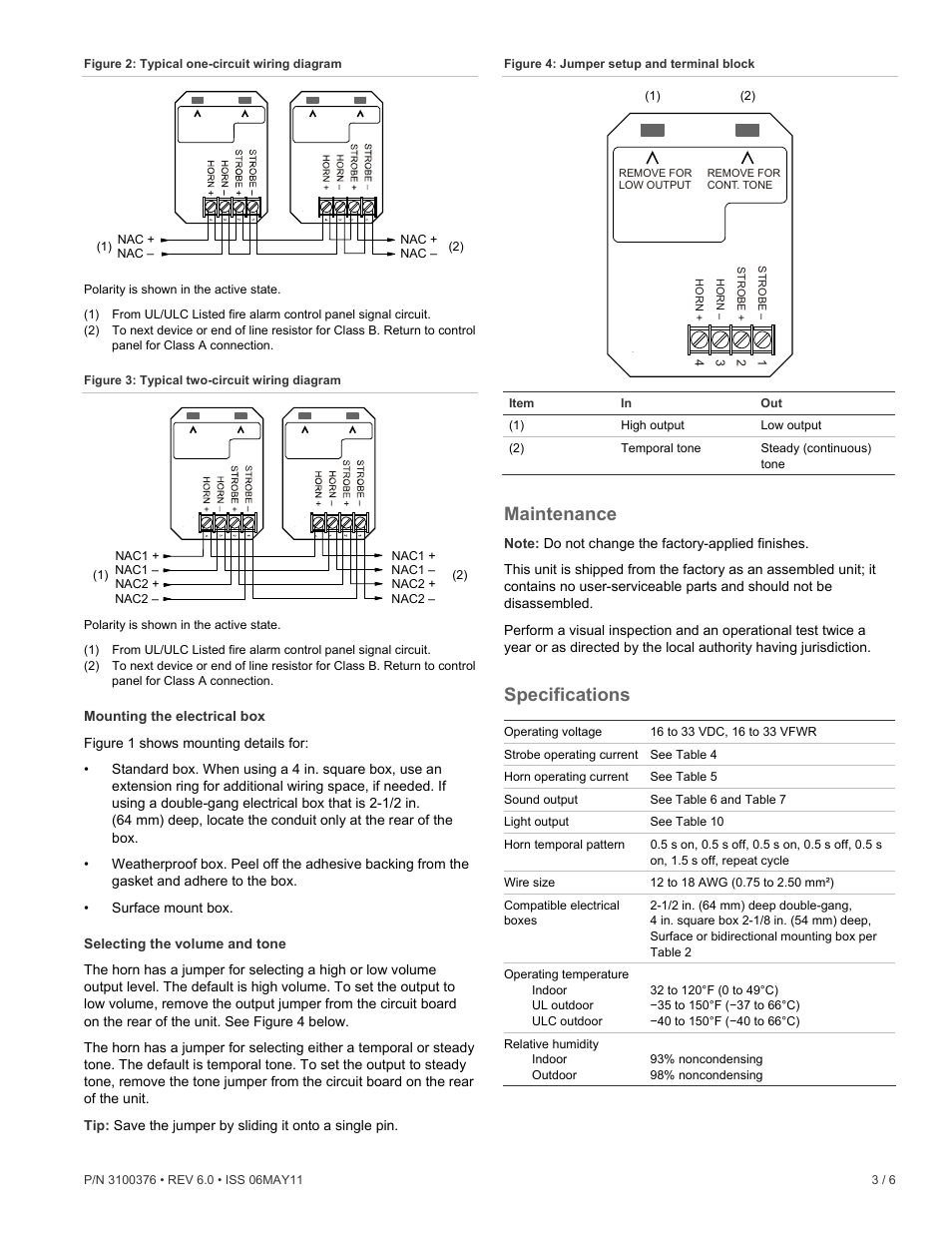 Maintenance, Specifications | Edwards Signaling Integrity Synchronized Temporal Horn-Strobe User Manual | Page 3 / 6