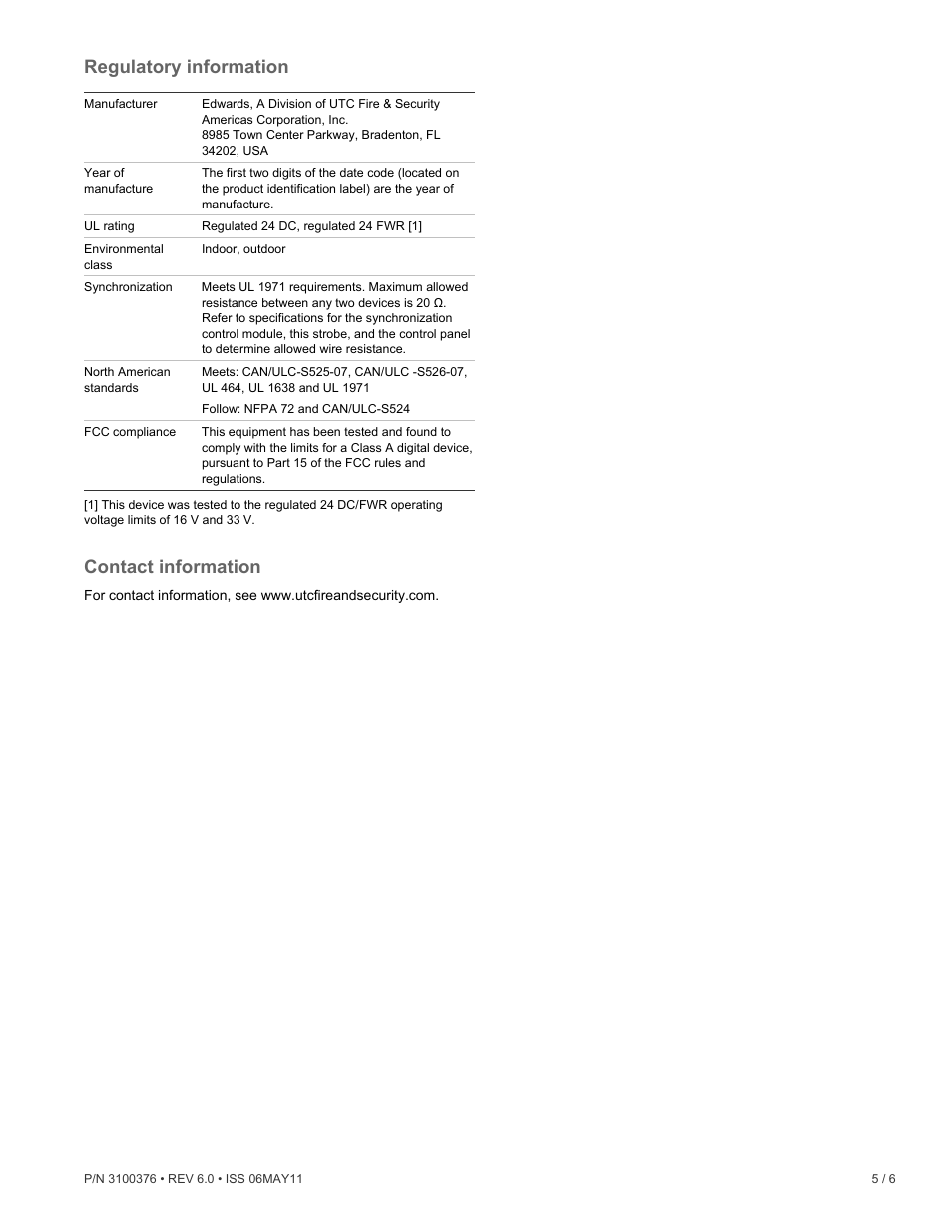 Regulatory information, Contact information | Edwards Signaling Integrity Synchronized Temporal Horn-Strobe User Manual | Page 5 / 6