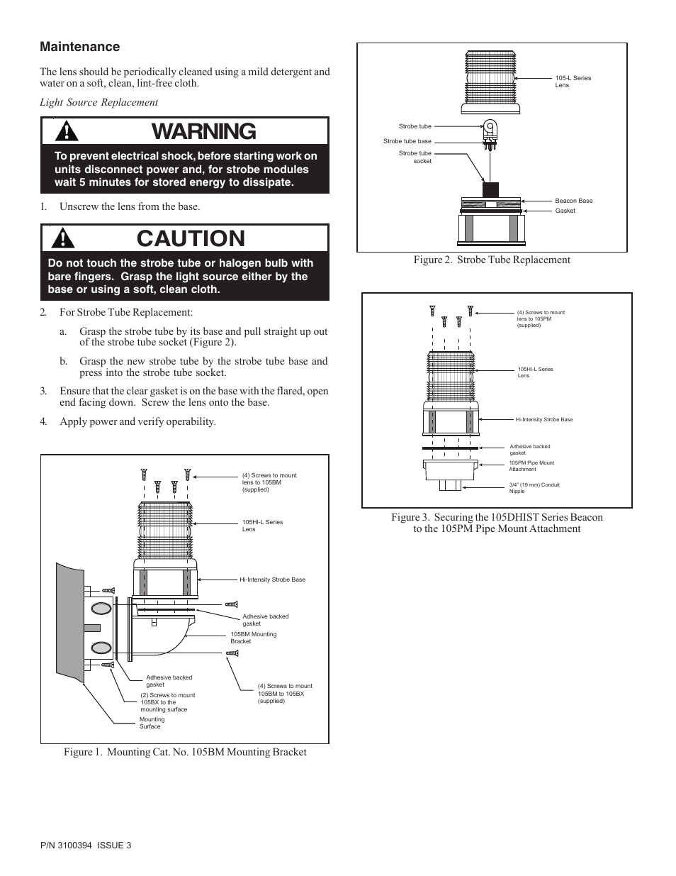 Caution, Warning, Maintenance | Figure 1. mounting cat. no. 105bm mounting bracket | Edwards Signaling 105DHIST-FJ User Manual | Page 2 / 5