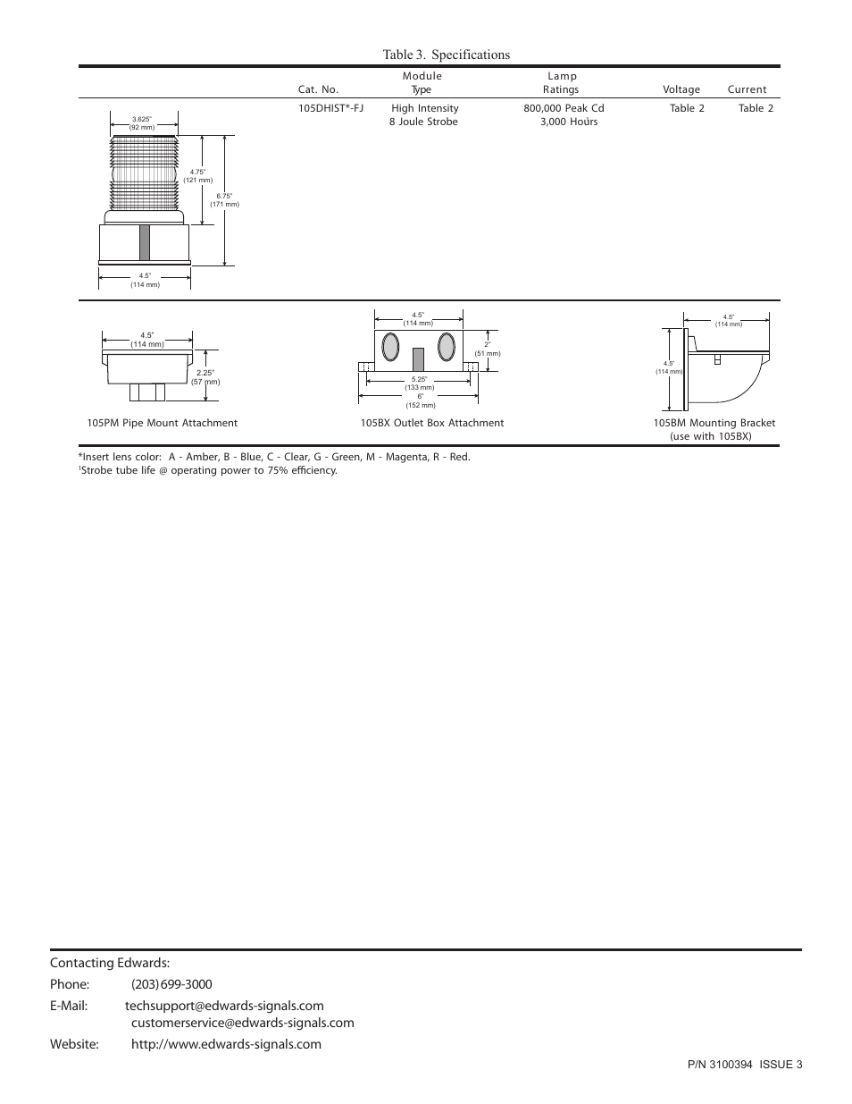 Table 3. specifications | Edwards Signaling 105DHIST-FJ User Manual | Page 5 / 5