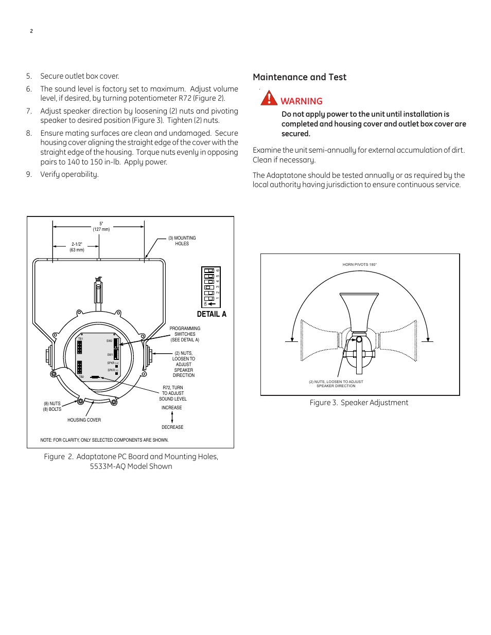 Untitled, Maintenance and test, Warning | Detail a, Figure 3. speaker adjustment | Edwards Signaling 5533MD-AW User Manual | Page 2 / 4