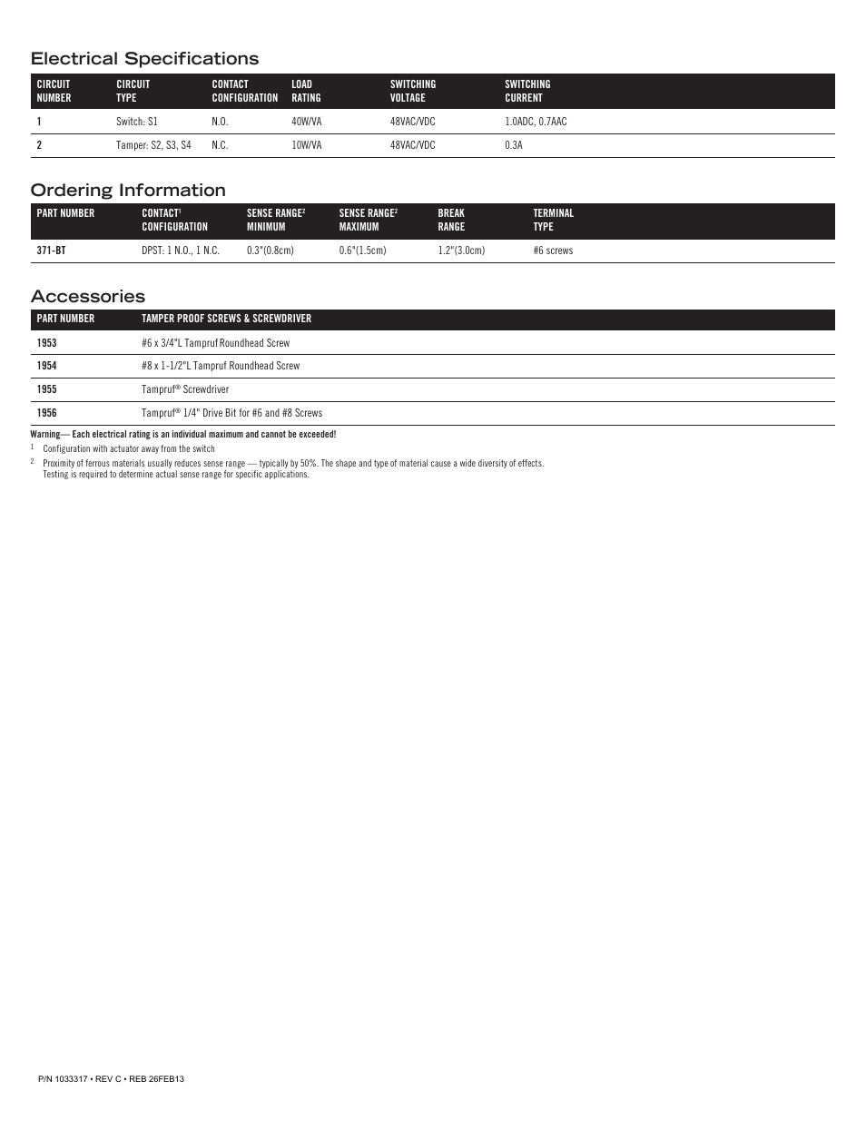 Ordering information, Electrical specifications accessories | Edwards Signaling 371-BT Series User Manual | Page 4 / 4