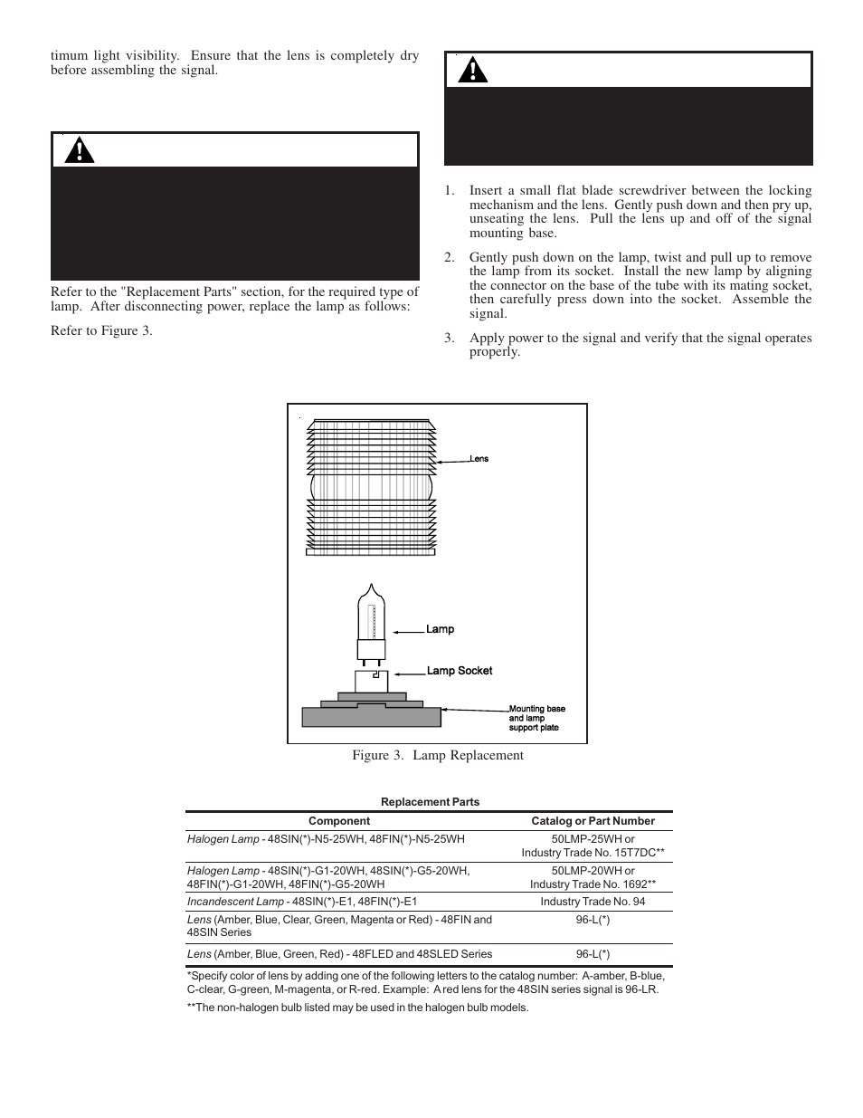 Warnings, Caution, Lamp replacement (non-led models only) | Edwards Signaling 48 Series User Manual | Page 3 / 3