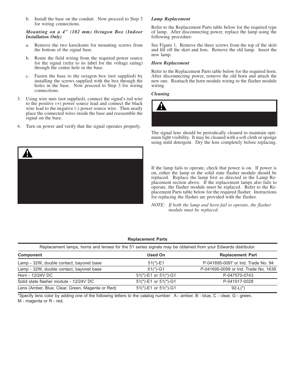 Warnings, Caution | Edwards Signaling 51 Series User Manual | Page 2 / 3