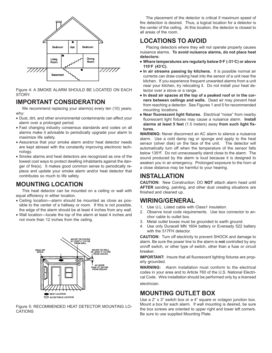 Important consideration, Mounting location, Locations to avoid | Installation, Wiring/general, Mounting outlet box | Edwards Signaling 517FH User Manual | Page 4 / 6