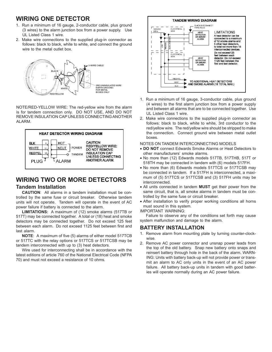 Wiring one detector, Wiring two or more detectors | Edwards Signaling 517FH User Manual | Page 5 / 6