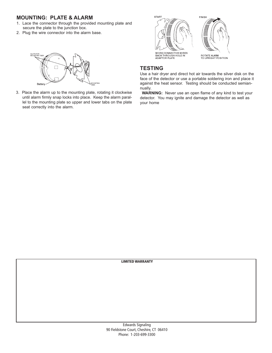 Mounting: plate & alarm, Testing | Edwards Signaling 517FH User Manual | Page 6 / 6