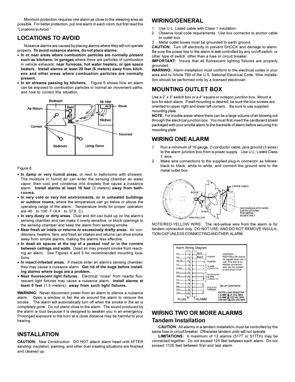 Locations to avoid, Wiring/general, Mounting outlet box | Wiring one alarm, Installation, Wiring two or more alarms tandem installation | Edwards Signaling 517TC User Manual | Page 4 / 6