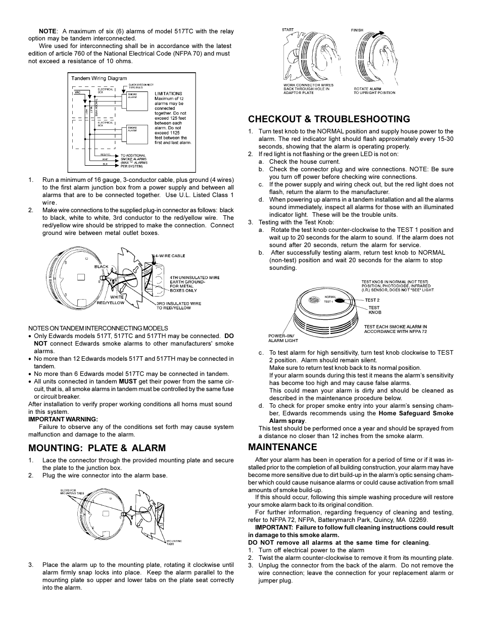 Checkout & troubleshooting, Maintenance, Mounting: plate & alarm | Edwards Signaling 517TC User Manual | Page 5 / 6