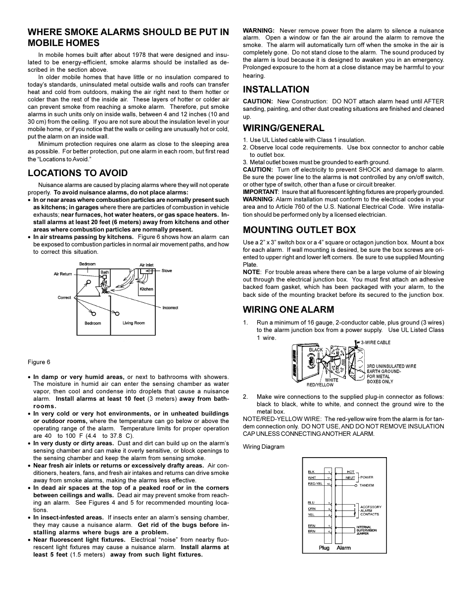 Where smoke alarms should be put in mobile homes, Locations to avoid, Installation | Wiring/general, Mounting outlet box, Wiring one alarm | Edwards Signaling 517TCS User Manual | Page 4 / 6