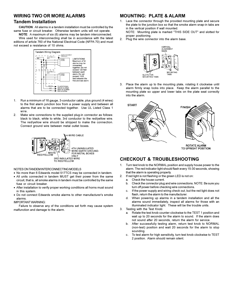 Wiring two or more alarms tandem installation, Mounting: plate & alarm, Checkout & troubleshooting | Edwards Signaling 517TCS User Manual | Page 5 / 6