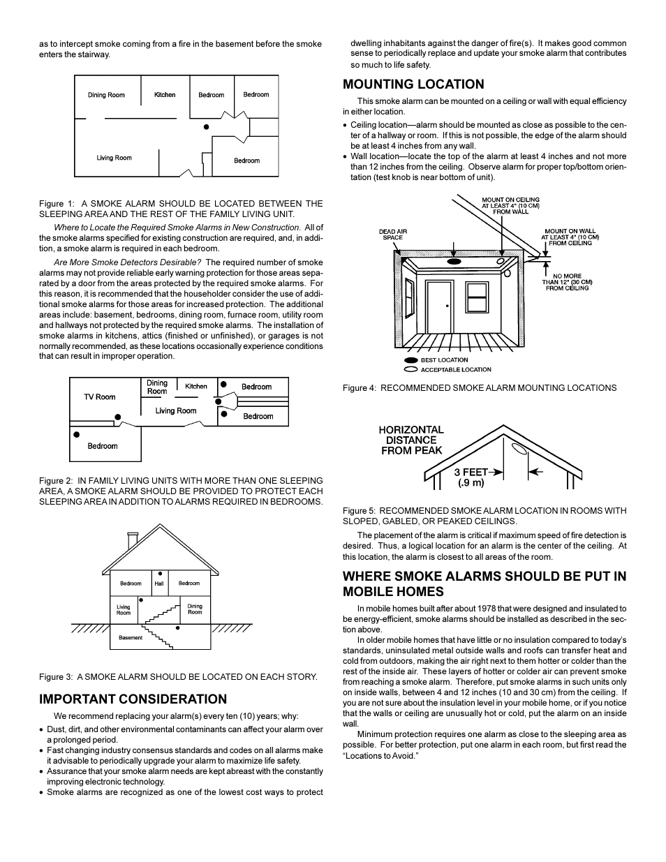 Mounting location, Important consideration, Where smoke alarms should be put in mobile homes | Edwards Signaling 517TCSB User Manual | Page 3 / 6