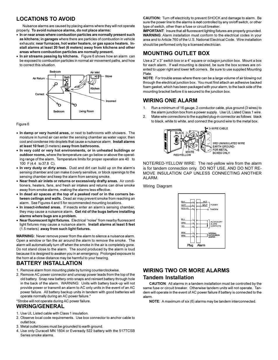 Locations to avoid, Mounting outlet box, Wiring one alarm | Wiring two or more alarms tandem installation, Battery installation, Wiring/general | Edwards Signaling 517TCSB User Manual | Page 4 / 6