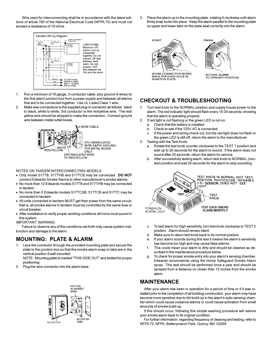 Maintenance, Mounting: plate & alarm, Checkout & troubleshooting | Edwards Signaling 517TCSB User Manual | Page 5 / 6