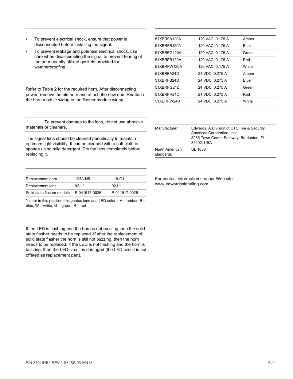 Maintenance, Troubleshooting, Specifications | Regulatory information, Contact information | Edwards Signaling 51XBRF Series User Manual | Page 3 / 4