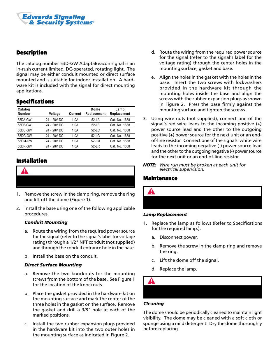 Edwards Signaling 53D-GW User Manual | 2 pages