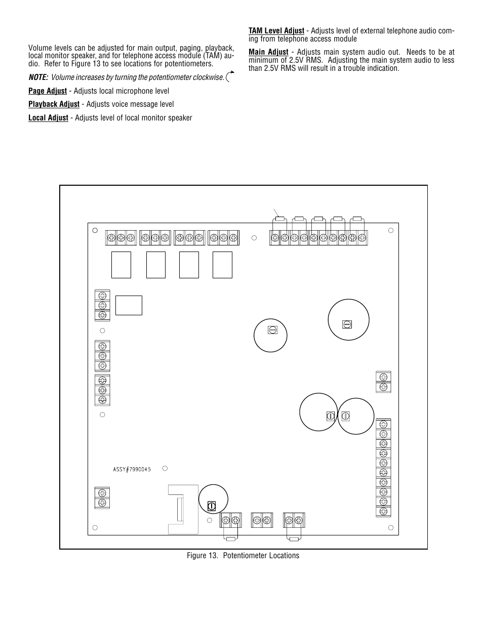 External outputs external inputs, 11 - adjusting audio levels, Figure 13. potentiometer locations | Edwards Signaling 5541M-Y6 User Manual | Page 15 / 33