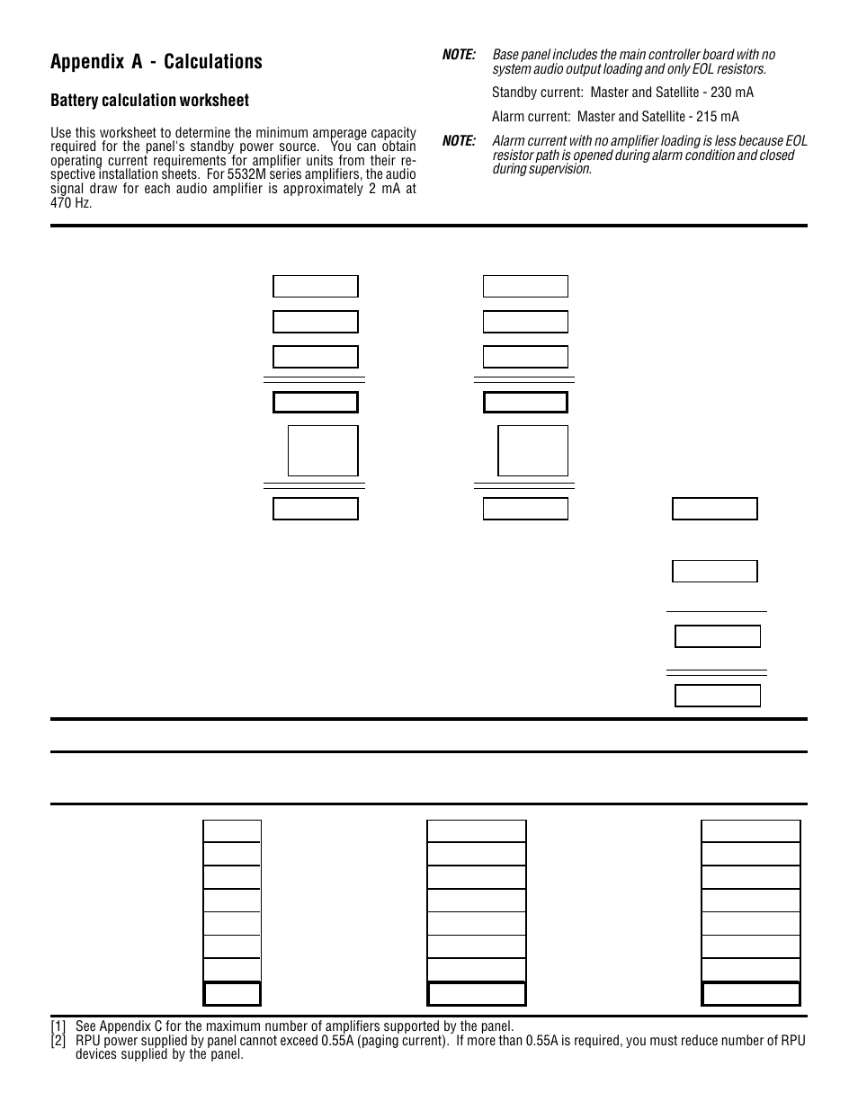 Appendix a - calculations, Battery calculation worksheet | Edwards Signaling 5541M-Y6 User Manual | Page 26 / 33