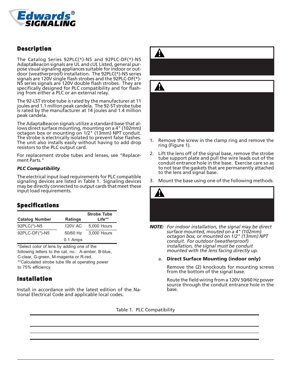 Edwards Signaling 92PLC Series User Manual | 3 pages