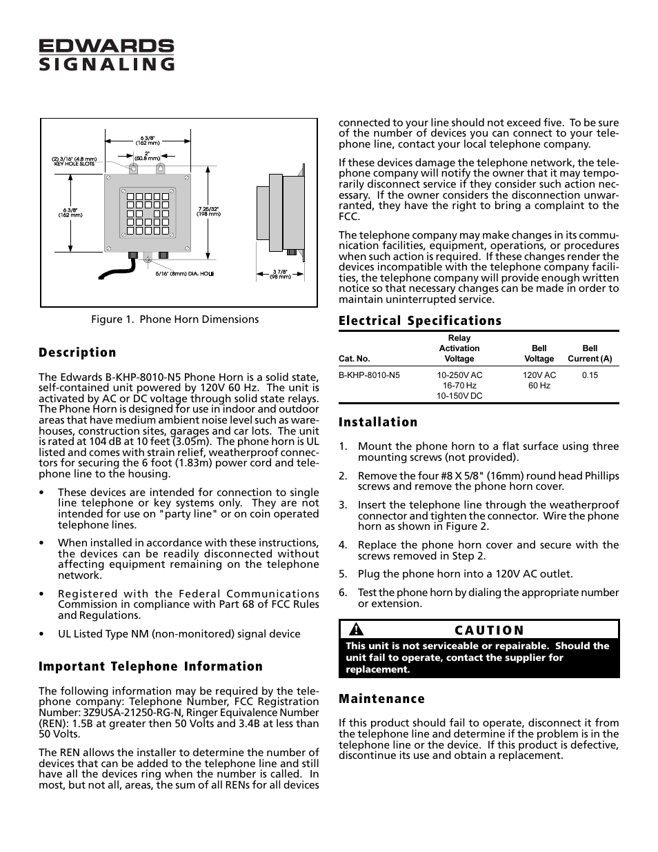 Edwards Signaling B-KHP-8010-N5 User Manual | 2 pages