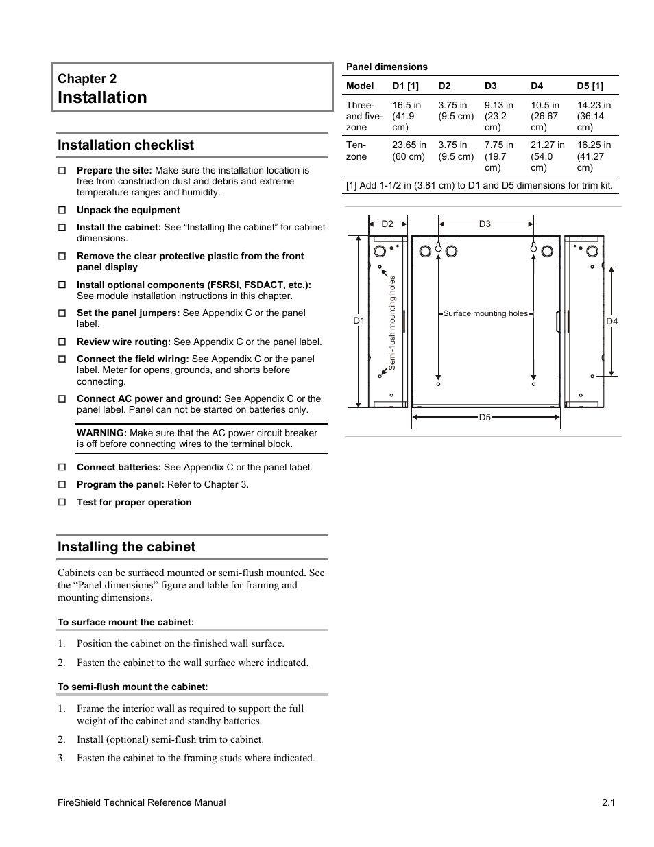 Installation, Installation checklist, Installing the cabinet | Chapter 2 | Edwards Signaling FireShield 10 Zone User Manual | Page 11 / 68