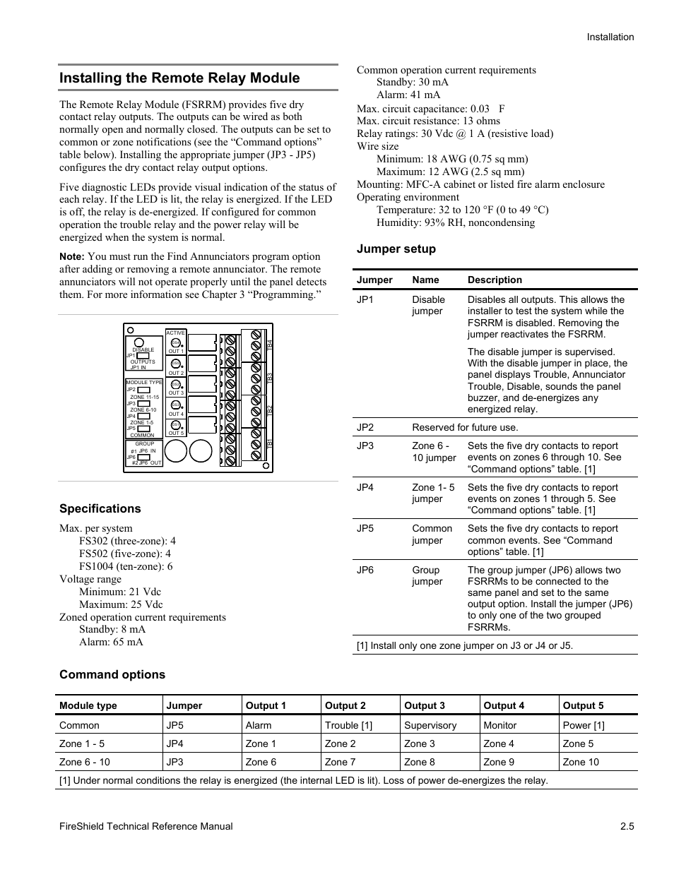 Installing the remote relay module, Specifications, Jumper setup | Command options | Edwards Signaling FireShield 10 Zone User Manual | Page 15 / 68