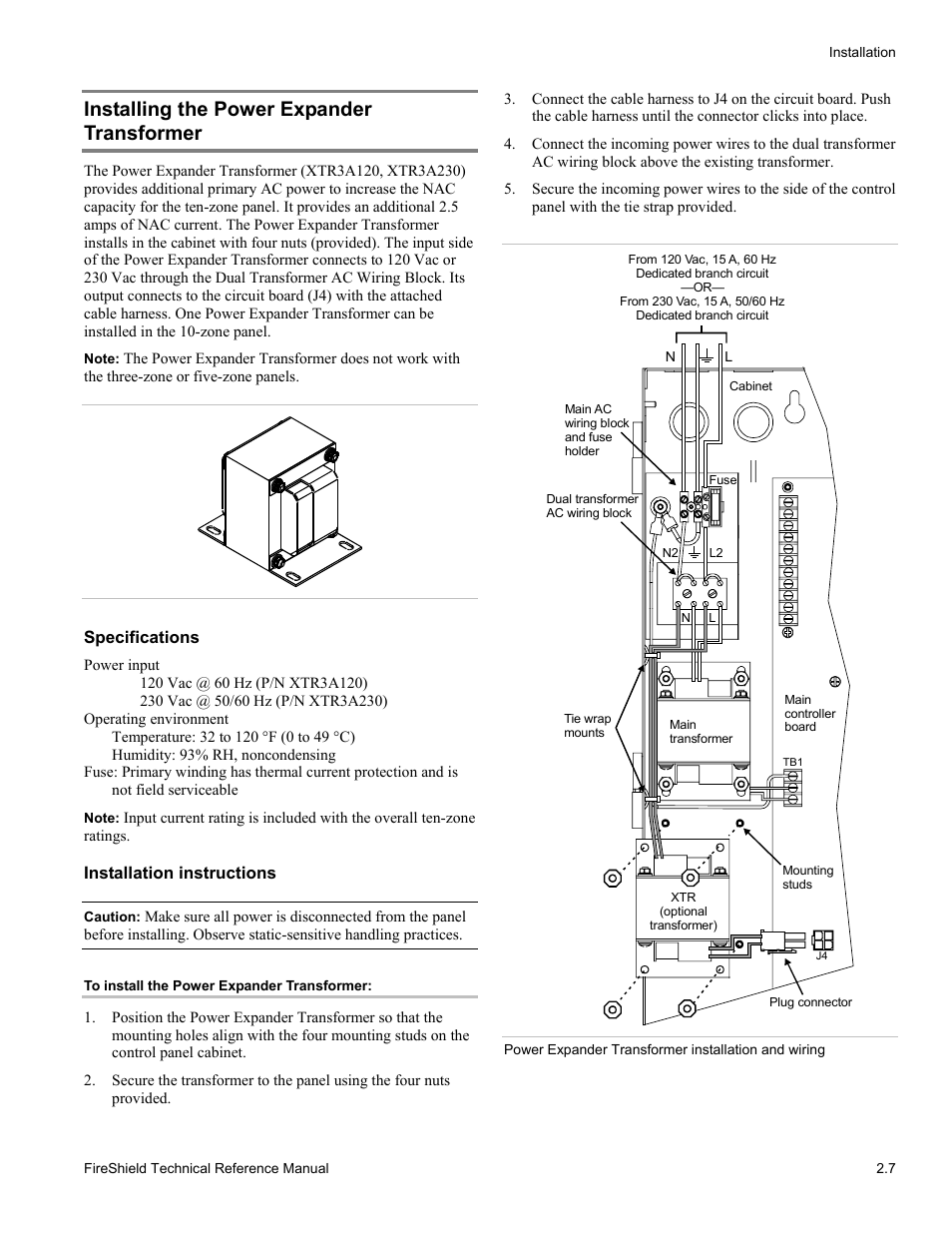 Installing the power expander transformer, Specifications, Installation instructions | Edwards Signaling FireShield 10 Zone User Manual | Page 17 / 68