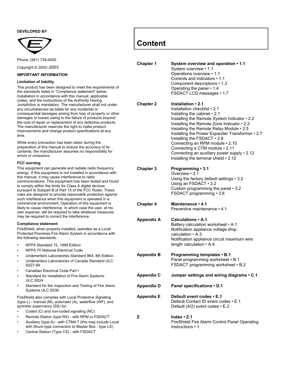 Content | Edwards Signaling FireShield 10 Zone User Manual | Page 2 / 68