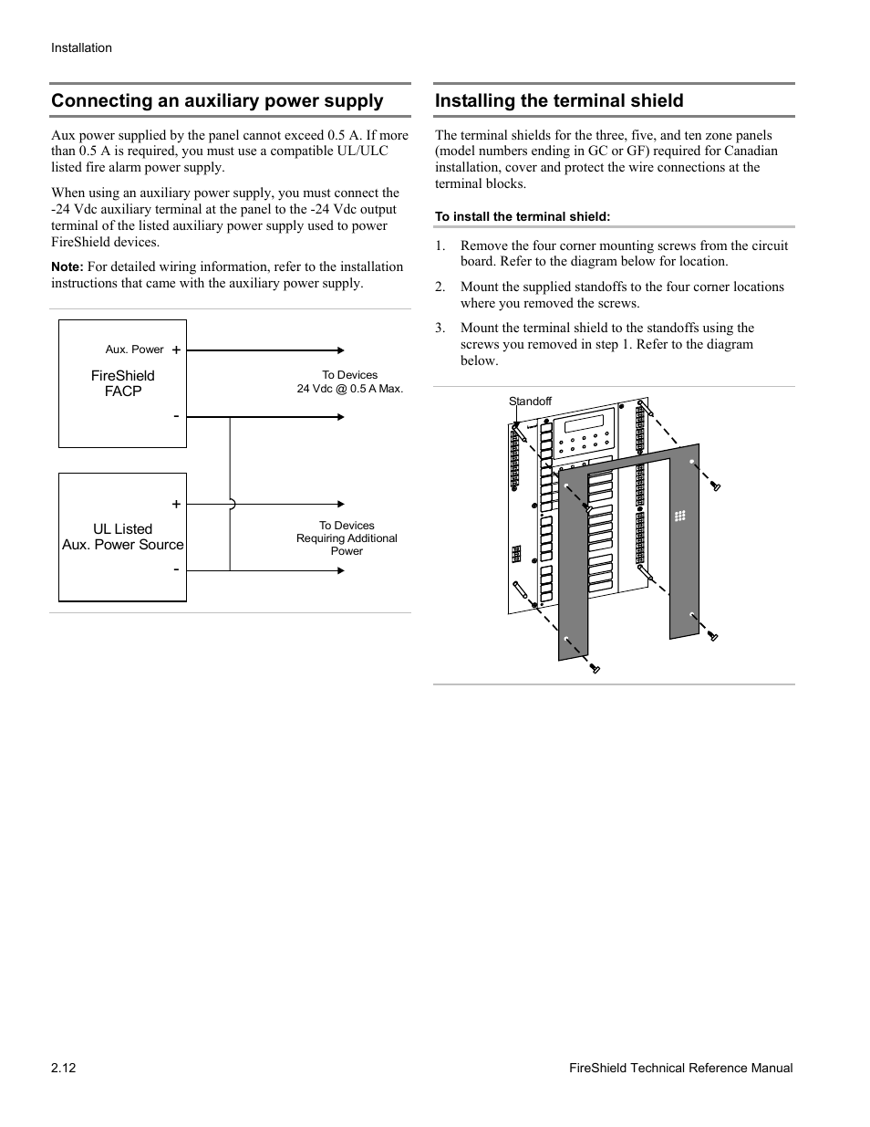 Connecting an auxiliary power supply, Installing the terminal shield | Edwards Signaling FireShield 10 Zone User Manual | Page 22 / 68