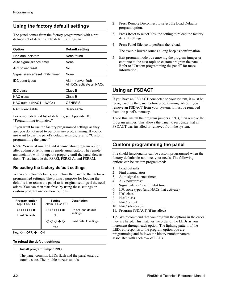 Using the factory default settings, Using an fsdact, Custom programming the panel | Edwards Signaling FireShield 10 Zone User Manual | Page 24 / 68