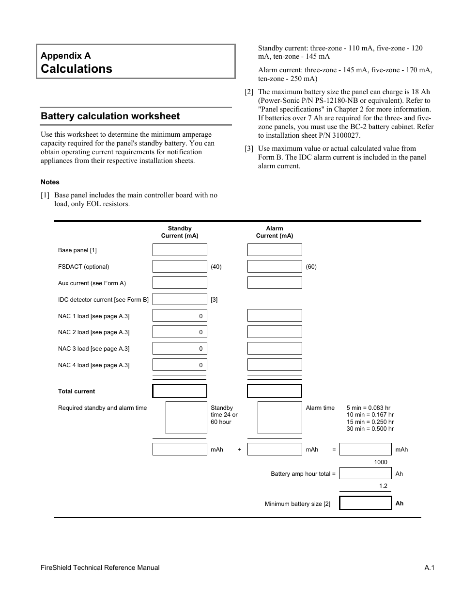 Calculations, Battery calculation worksheet, Appendix a | Edwards Signaling FireShield 10 Zone User Manual | Page 43 / 68