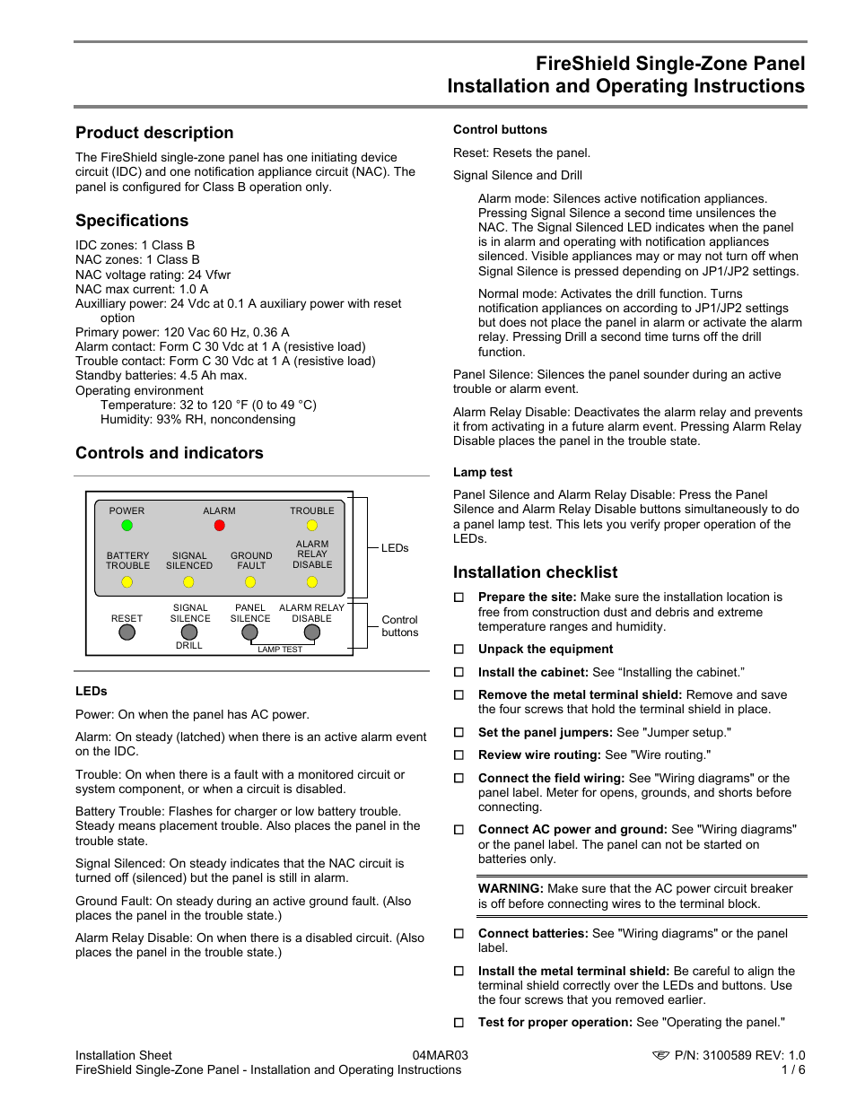 Edwards Signaling FireShield Single-Zone Panel User Manual | 7 pages