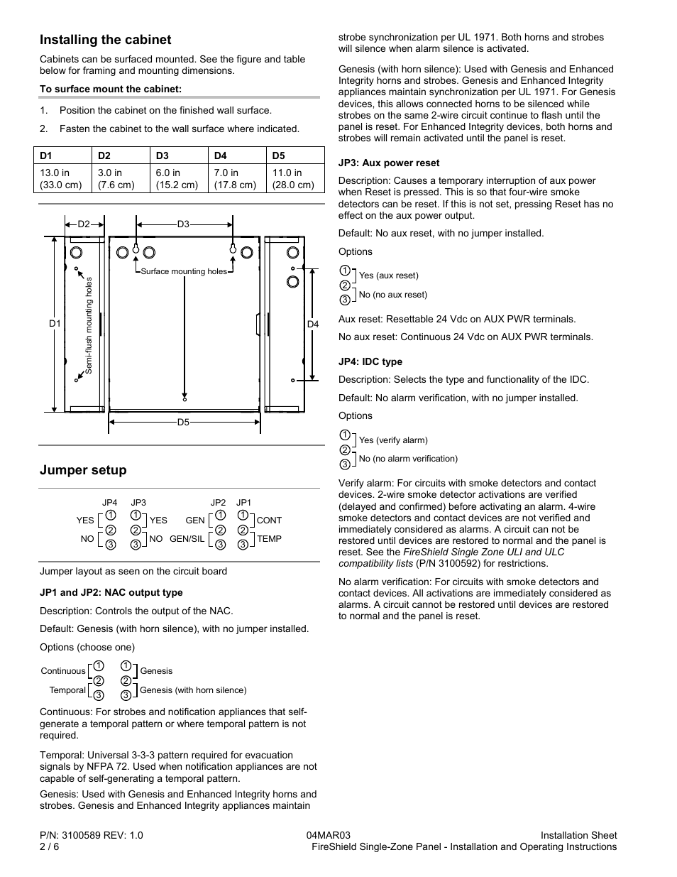 Installing the cabinet, Jumper setup | Edwards Signaling FireShield Single-Zone Panel User Manual | Page 2 / 7