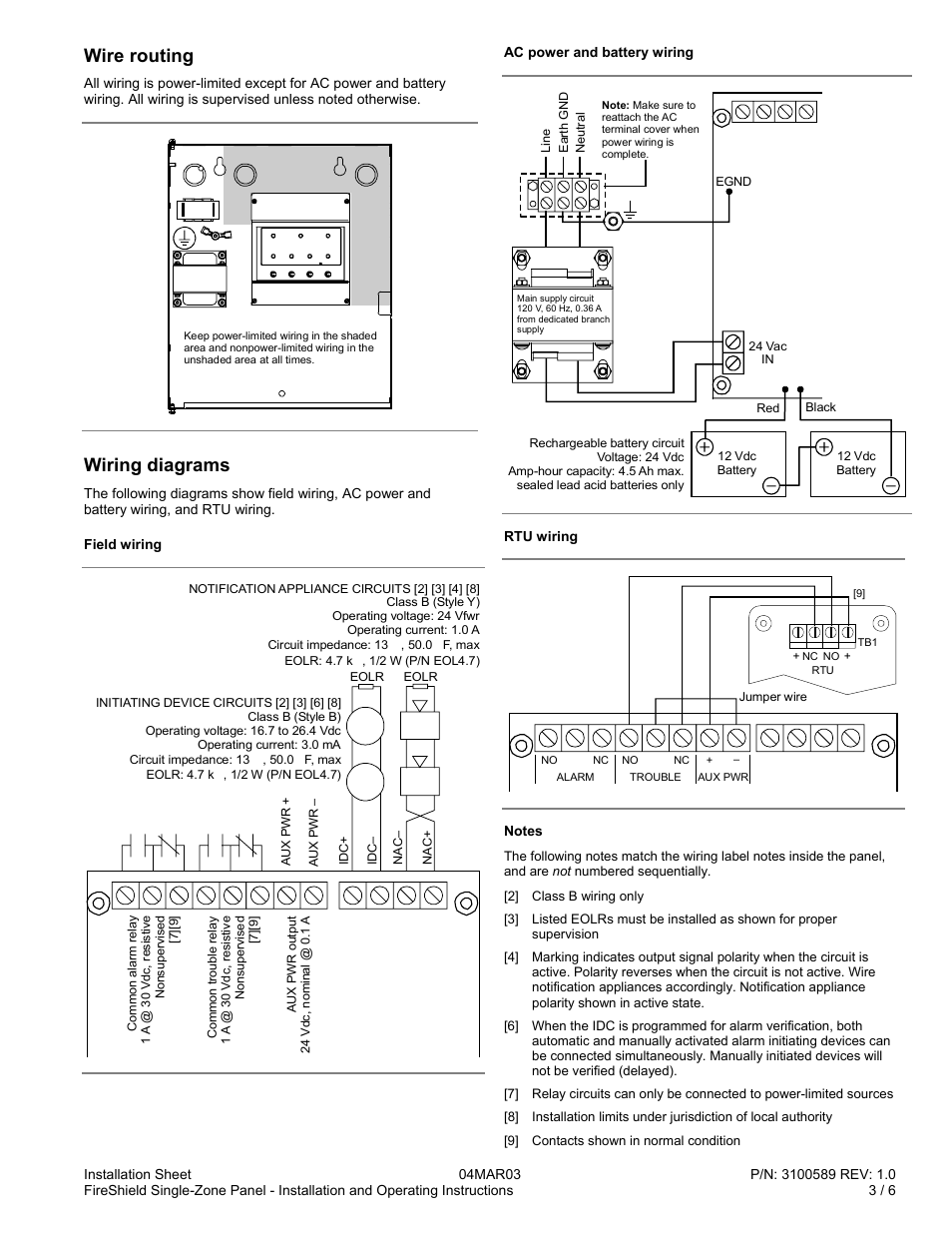 Wire routing, Wiring diagrams | Edwards Signaling FireShield Single-Zone Panel User Manual | Page 3 / 7